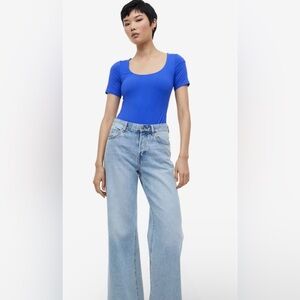 H&M Short Sleeved Thong Bodysuit, Blue, Size M